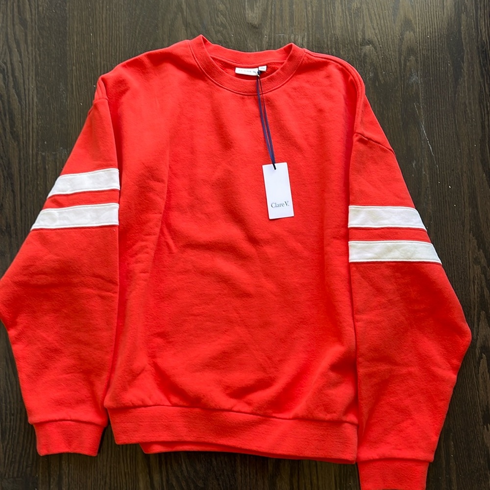 New Clare V Oversized Varsity Sweatshirt in bright poppy red size large